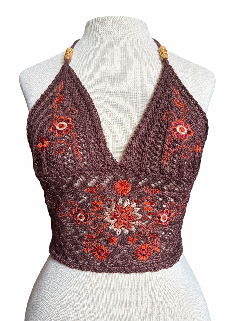 Y2K Crochet Brown Floral Babydoll Halter Festival Top - Picture 1 of 5